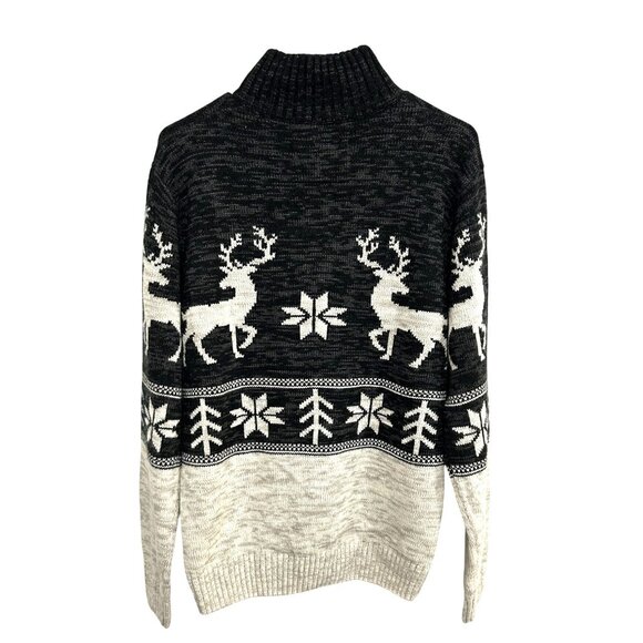 Amongst Others Reindeer Pattern Sweater Black Beige Button Collar Sz Medium - Picture 2 of 9